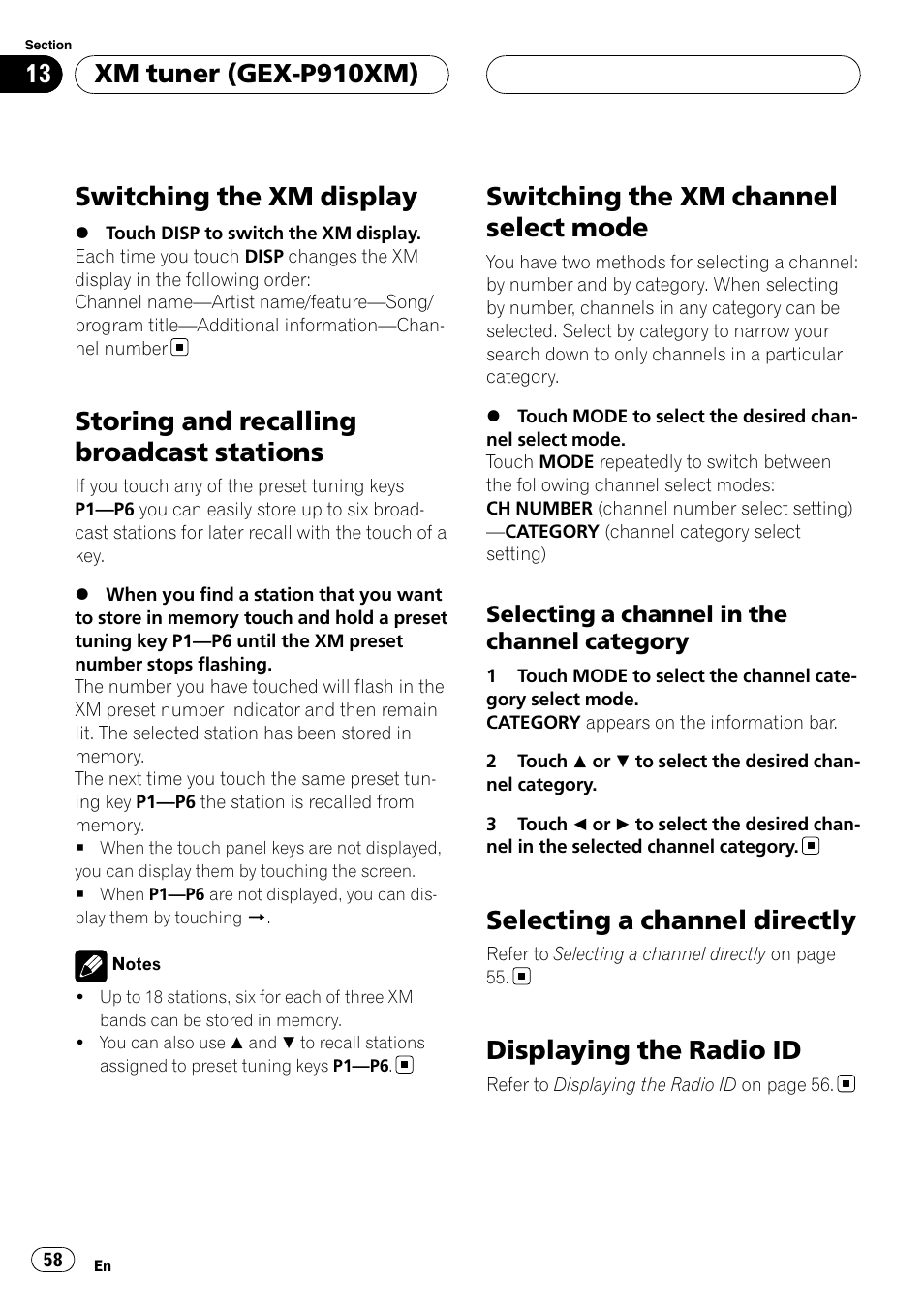 Switching the xm display, Storing and recalling broadcast stations, Switching the xm channel select mode | Selecting a channel directly, Displaying the radio id, Xm tuner (gex-p910xm) | Pioneer AVH-P6800DVD User Manual | Page 58 / 133