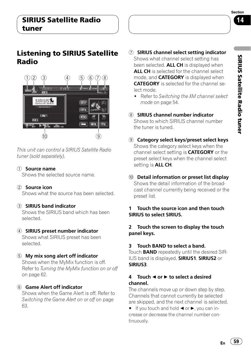 Listening to sirius satellite radio, Sirius satellite radio tuner | Pioneer AVH-P6800DVD User Manual | Page 59 / 133