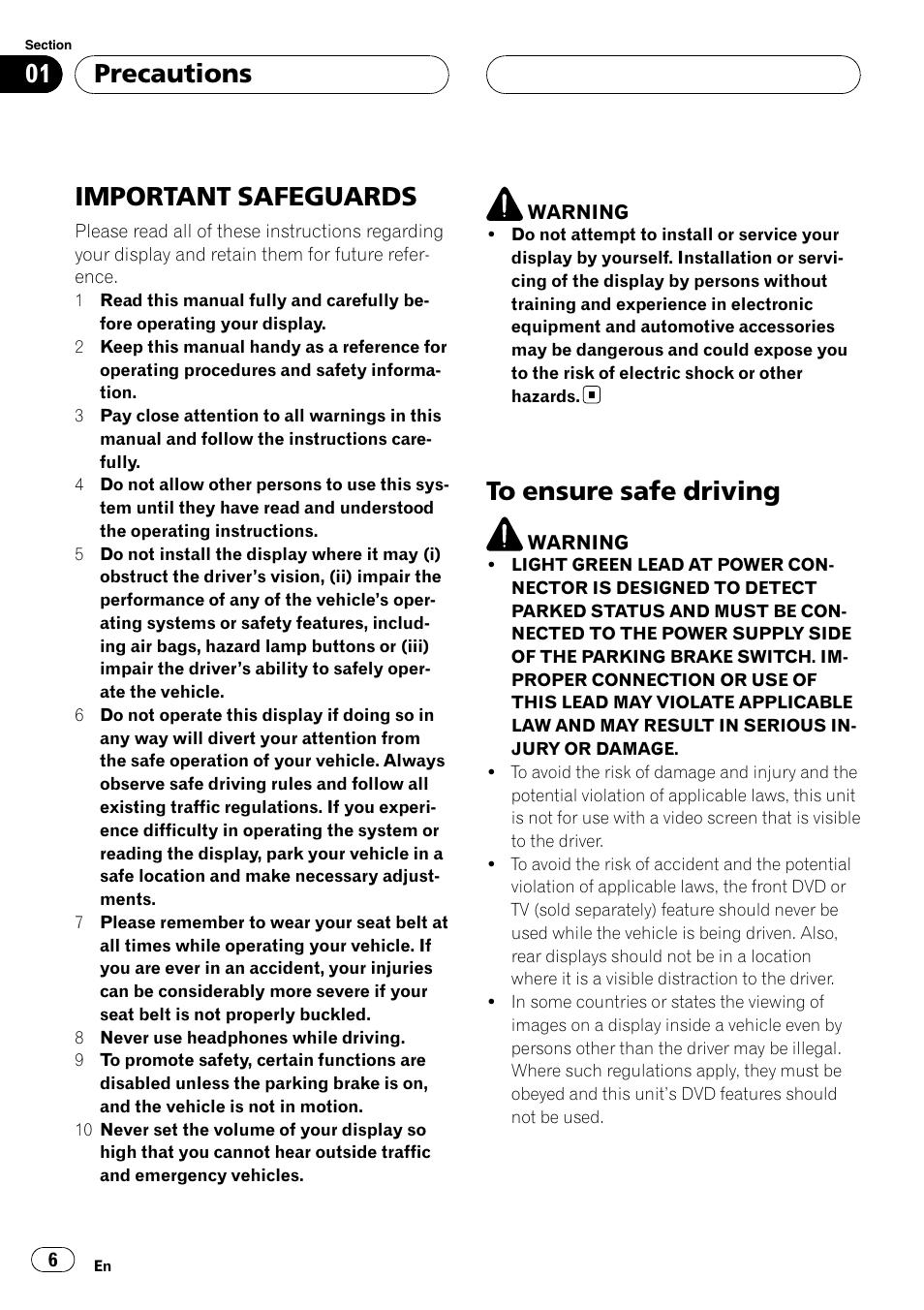 Precautions important safeguards, To ensure safe driving, Important safeguards | Precautions | Pioneer AVH-P6800DVD User Manual | Page 6 / 133
