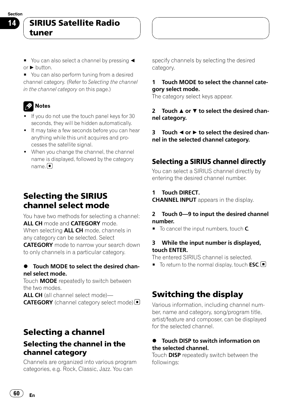 Selecting the sirius channel select, Mode, Selecting a channel | Switching the display, Selecting the sirius channel select mode, Sirius satellite radio tuner, Selecting the channel in the channel category, Selecting a sirius channel directly | Pioneer AVH-P6800DVD User Manual | Page 60 / 133