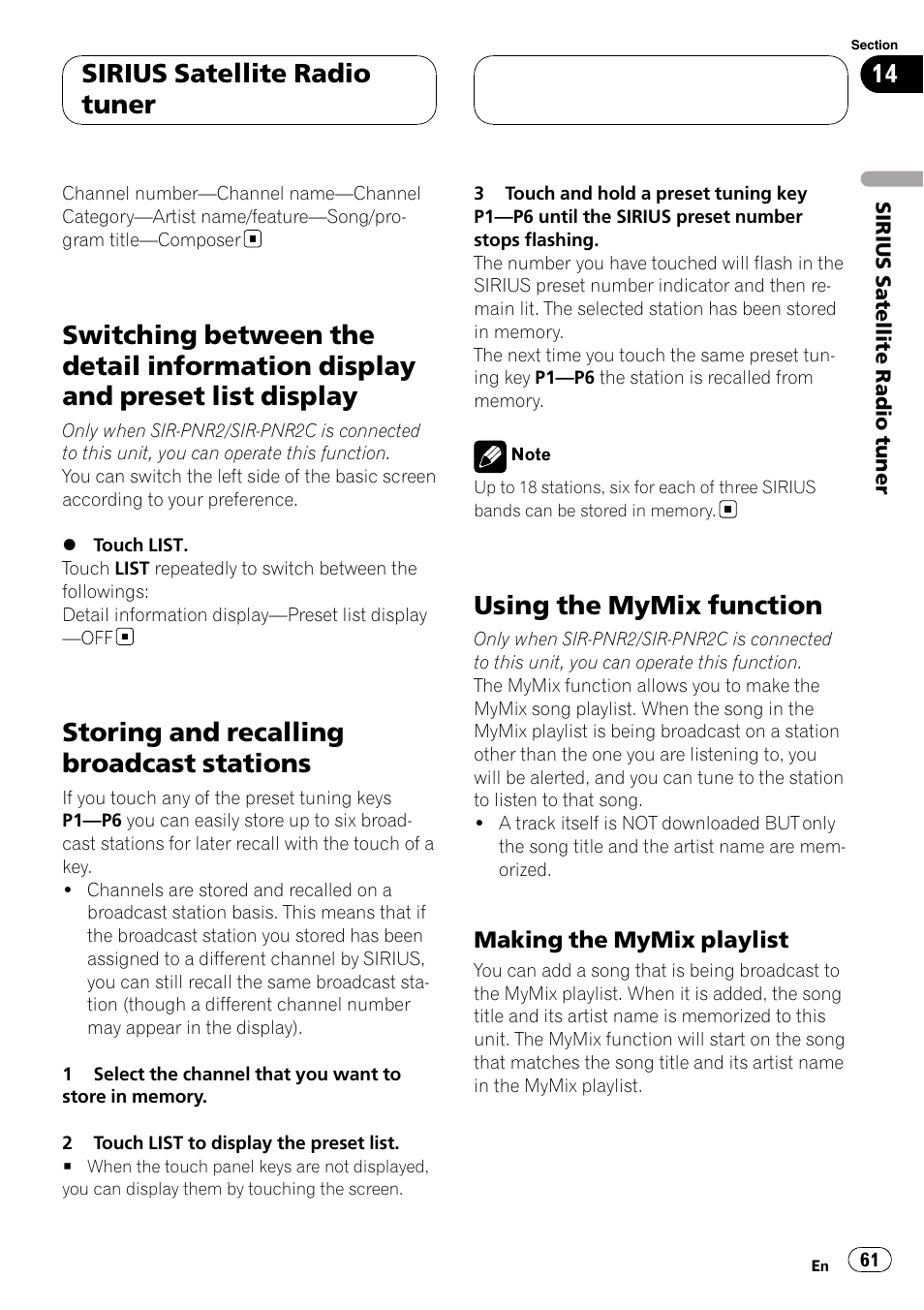 Switching between the detail information, Display and preset list display, Storing and recalling broadcast stations | Using the mymix function, Sirius satellite radio tuner | Pioneer AVH-P6800DVD User Manual | Page 61 / 133