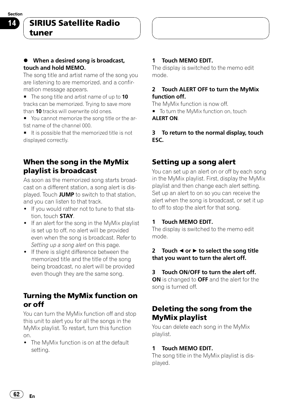 Sirius satellite radio tuner, When the song in the mymix playlist is broadcast, Turning the mymix function on or off | Setting up a song alert, Deleting the song from the mymix playlist | Pioneer AVH-P6800DVD User Manual | Page 62 / 133