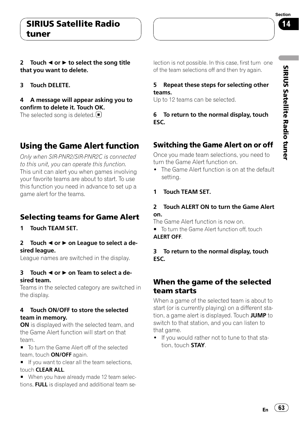 Using the game alert function, Sirius satellite radio tuner, Selecting teams for game alert | Switching the game alert on or off, When the game of the selected team starts | Pioneer AVH-P6800DVD User Manual | Page 63 / 133