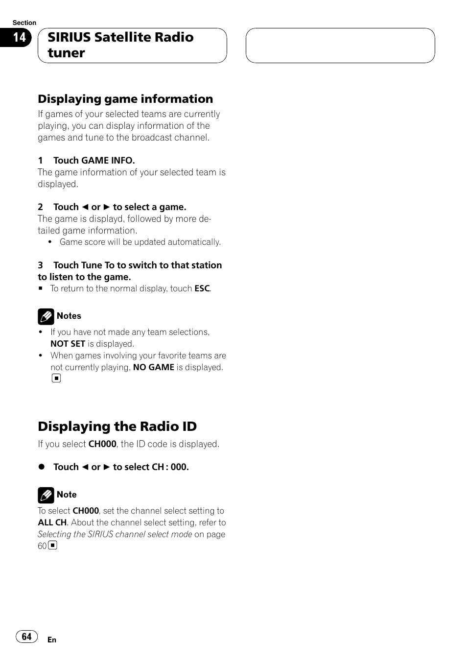 Displaying the radio id, Sirius satellite radio tuner, Displaying game information | Pioneer AVH-P6800DVD User Manual | Page 64 / 133