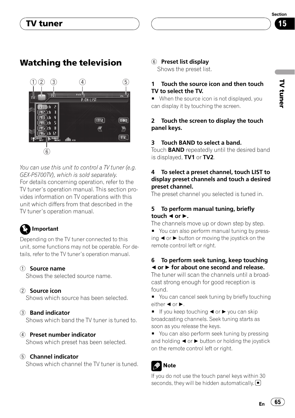 Tv tuner watching the television, Watching the television, Tv tuner | Pioneer AVH-P6800DVD User Manual | Page 65 / 133