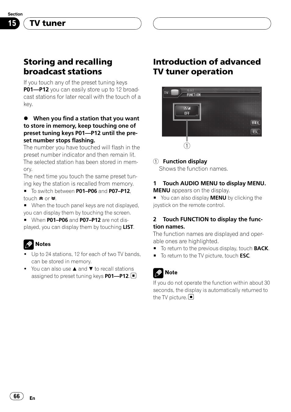 Storing and recalling broadcast stations, Introduction of advanced tv tuner, Operation | Introduction of advanced tv tuner operation, Tv tuner | Pioneer AVH-P6800DVD User Manual | Page 66 / 133