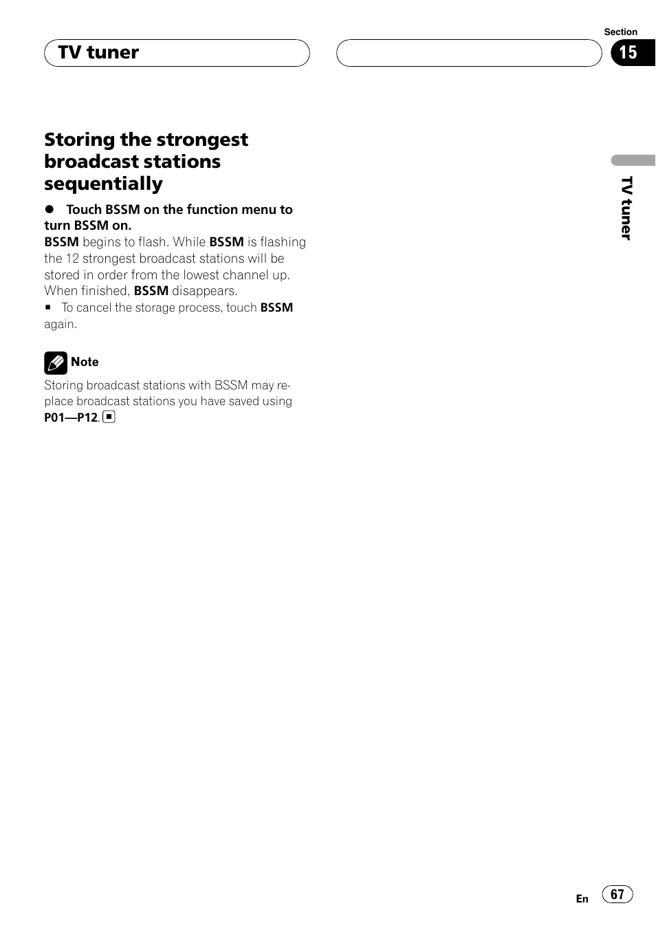 Storing the strongest broadcast stations, Sequentially, Tv tuner | Pioneer AVH-P6800DVD User Manual | Page 67 / 133