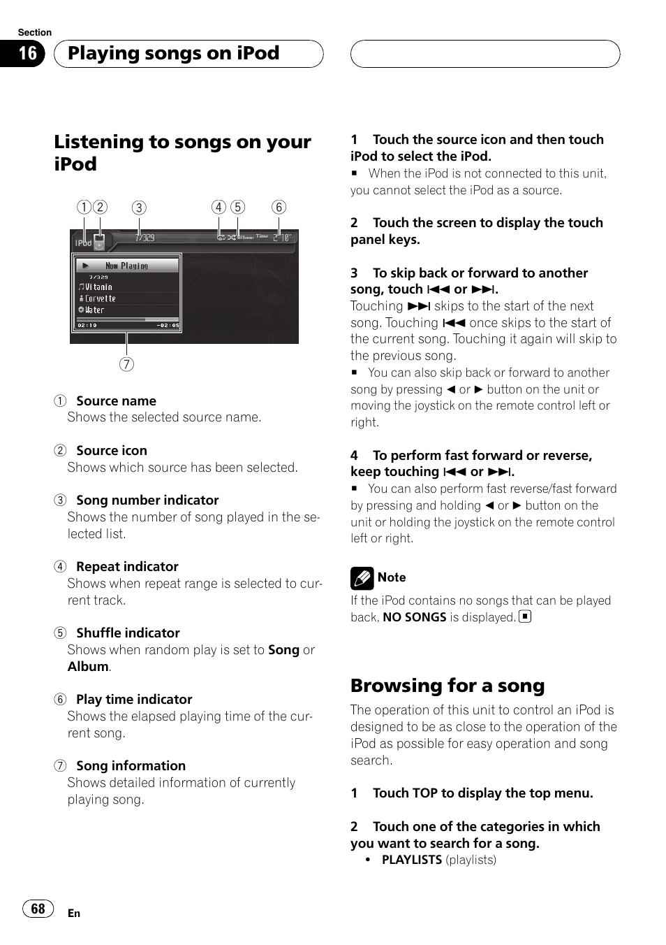 Browsing for a song, Listening to songs on your ipod, Playing songs on ipod | Pioneer AVH-P6800DVD User Manual | Page 68 / 133