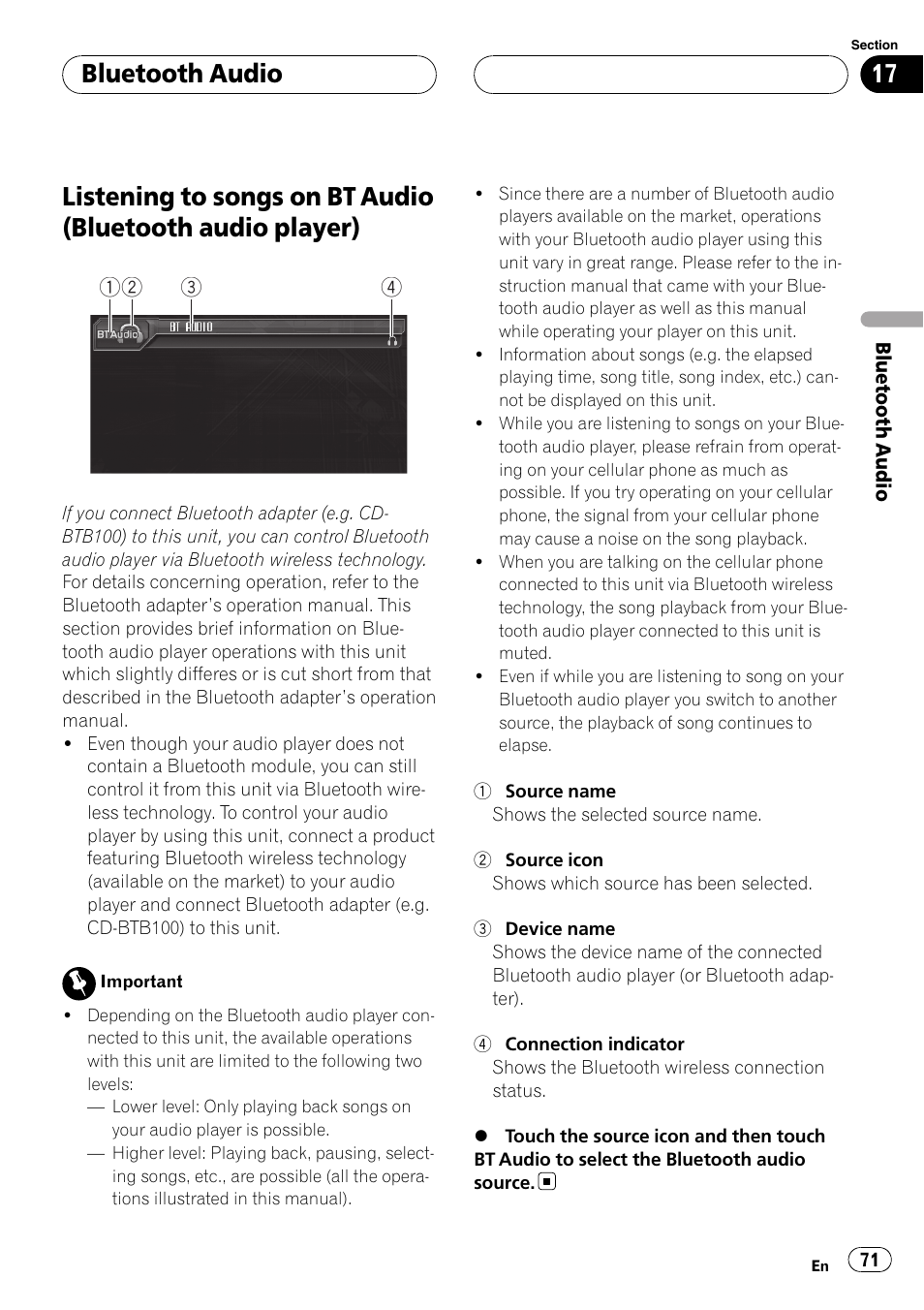 Audio player), Bluetooth audio | Pioneer AVH-P6800DVD User Manual | Page 71 / 133