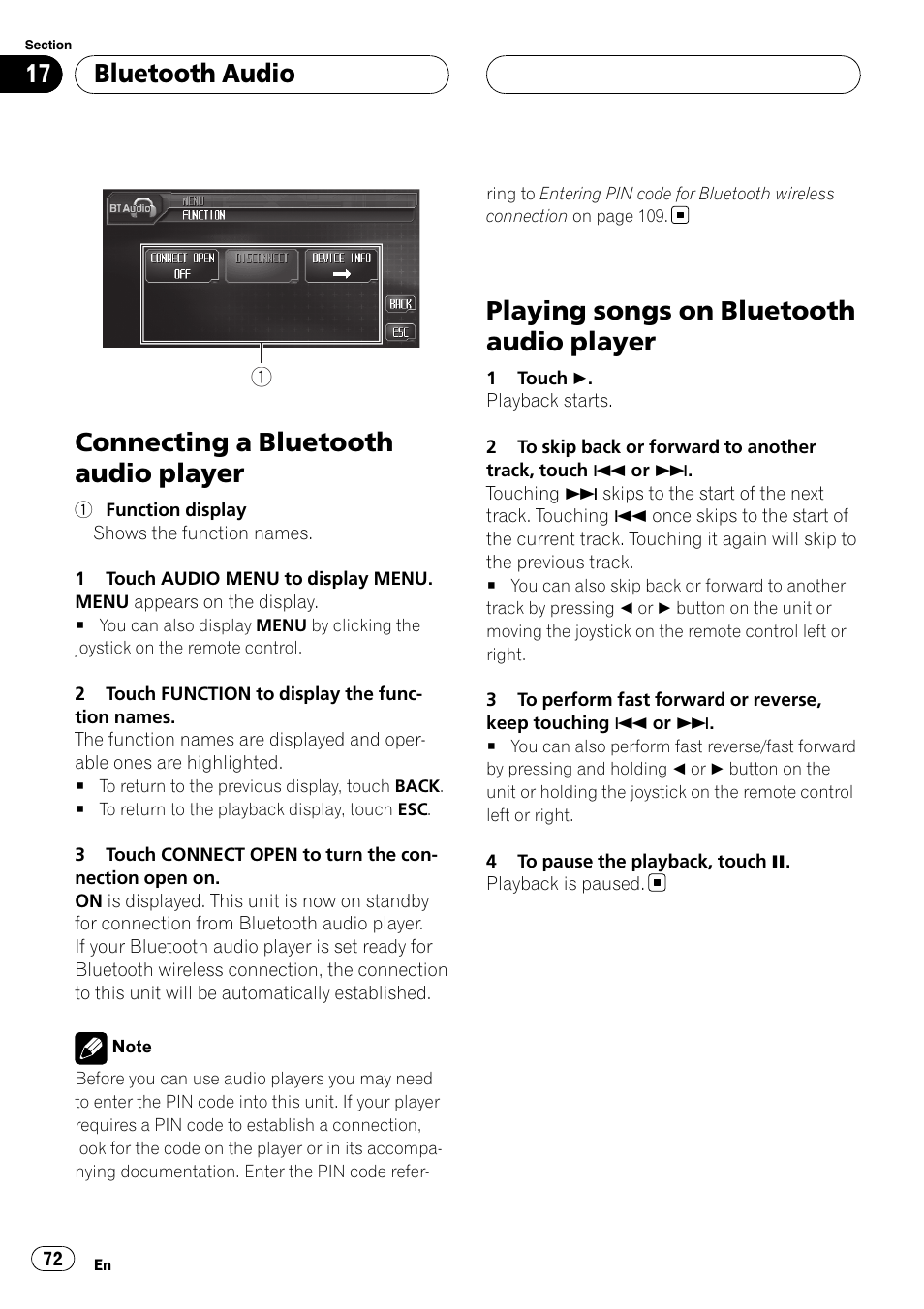 Connecting a bluetooth audio player, Playing songs on bluetooth audio player, Bluetooth audio | Pioneer AVH-P6800DVD User Manual | Page 72 / 133