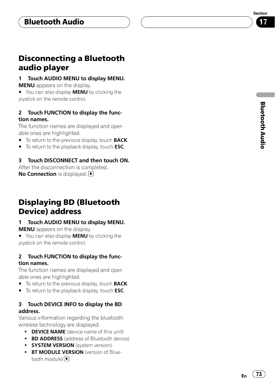Disconnecting a bluetooth audio player, Displaying bd (bluetooth device), Address | Displaying bd (bluetooth device) address, Bluetooth audio | Pioneer AVH-P6800DVD User Manual | Page 73 / 133