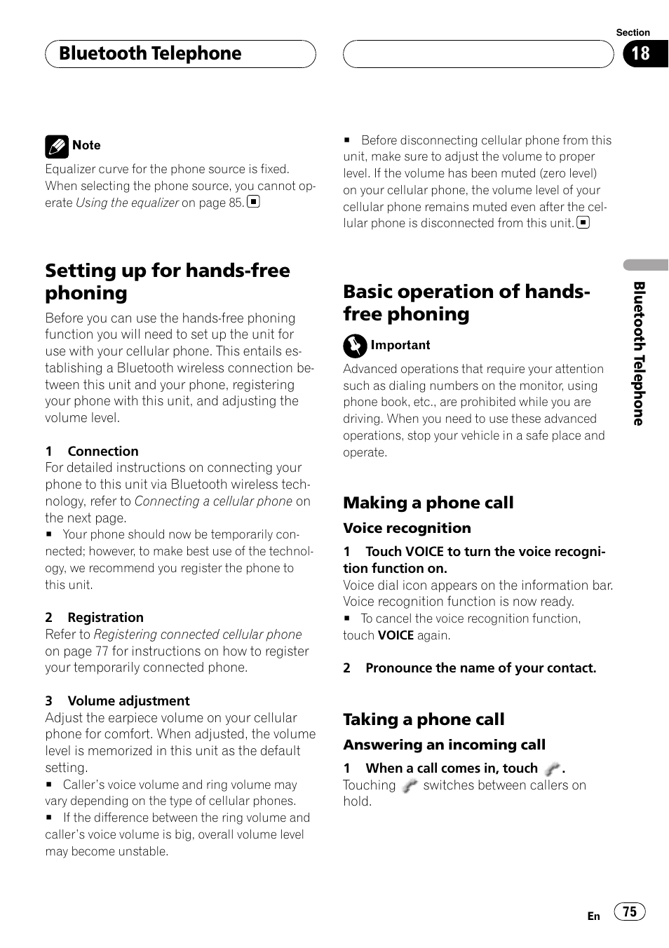 Setting up for hands-free phoning, Basic operation of hands-free phoning, Basic operation of hands- free phoning | Bluetooth telephone | Pioneer AVH-P6800DVD User Manual | Page 75 / 133