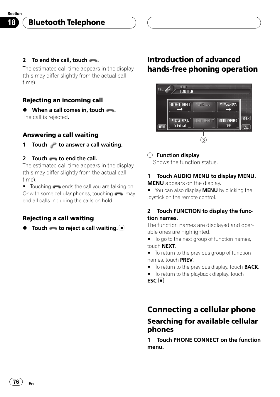 Introduction of advanced hands-free phoning, Operation, Connecting a cellular phone | Bluetooth telephone, Searching for available cellular phones | Pioneer AVH-P6800DVD User Manual | Page 76 / 133