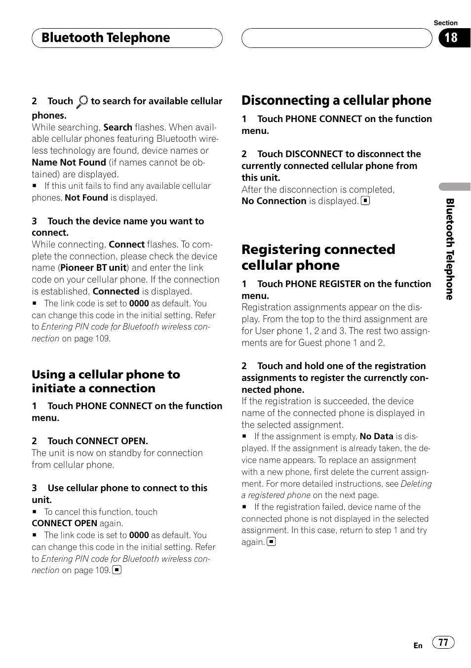 Disconnecting a cellular phone, Registering connected cellular phone, Bluetooth telephone | Using a cellular phone to initiate a connection | Pioneer AVH-P6800DVD User Manual | Page 77 / 133