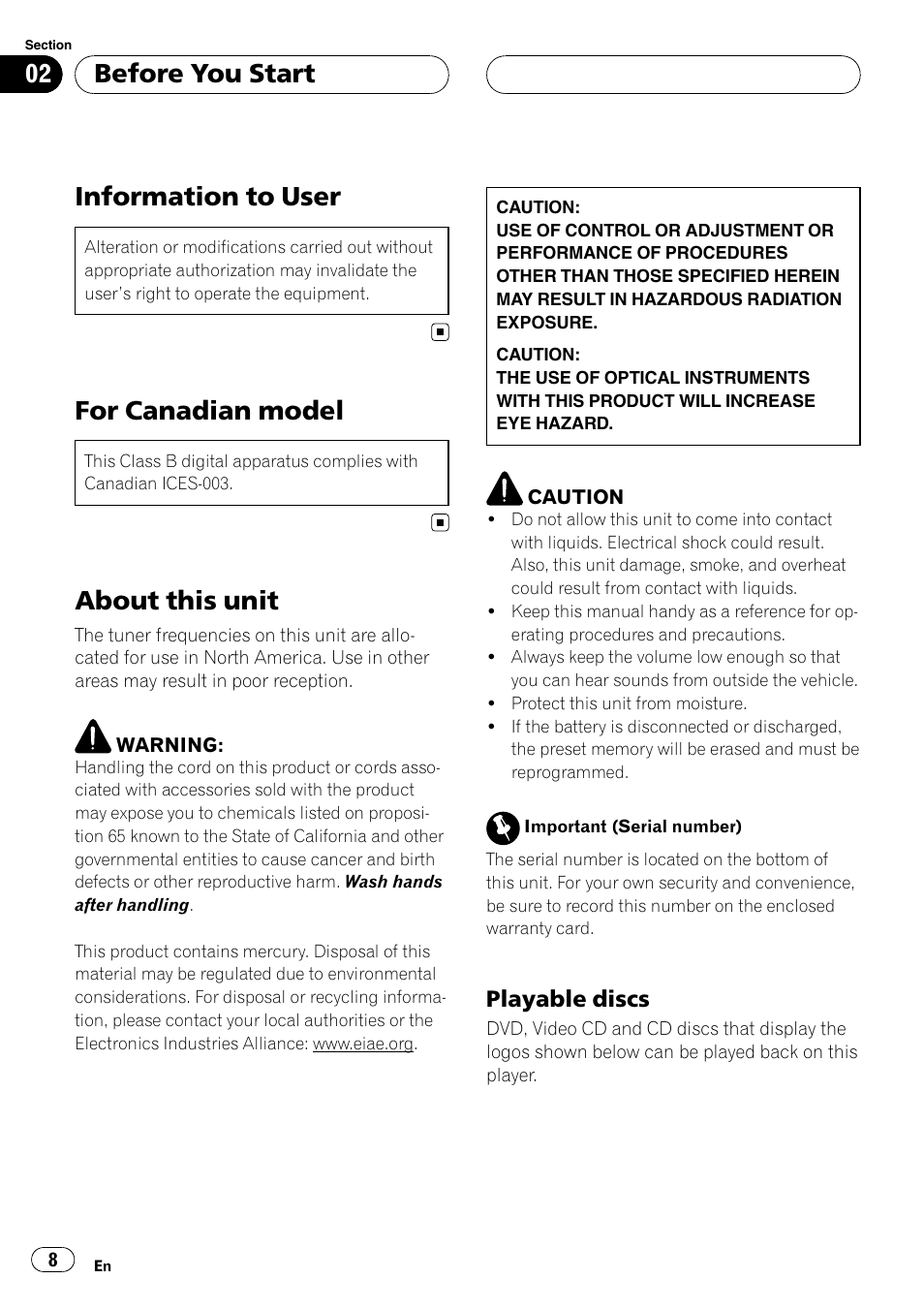 Playable discs 8, Before you start information to user, For canadian model | About this unit, Information to user, Before you start | Pioneer AVH-P6800DVD User Manual | Page 8 / 133