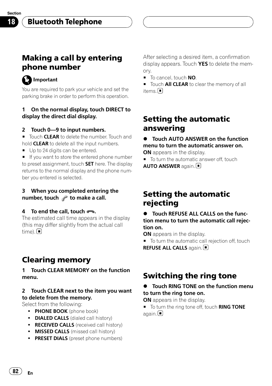 Making a call by entering phone number, Clearing memory, Setting the automatic answering | Setting the automatic rejecting, Switching the ring tone, Bluetooth telephone | Pioneer AVH-P6800DVD User Manual | Page 82 / 133
