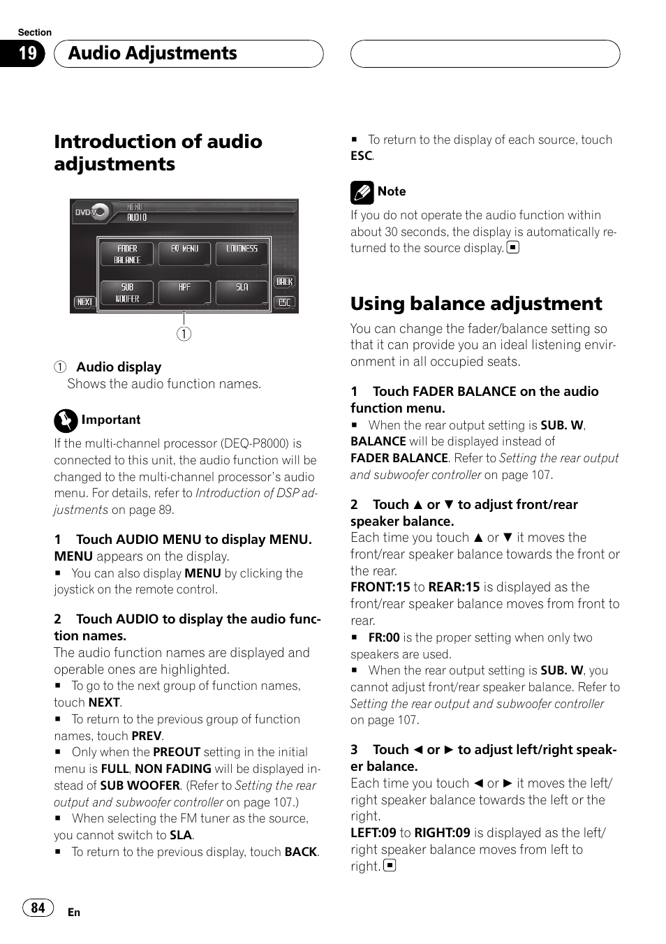 Using balance adjustment, Introduction of audio adjustments, Audio adjustments | Pioneer AVH-P6800DVD User Manual | Page 84 / 133