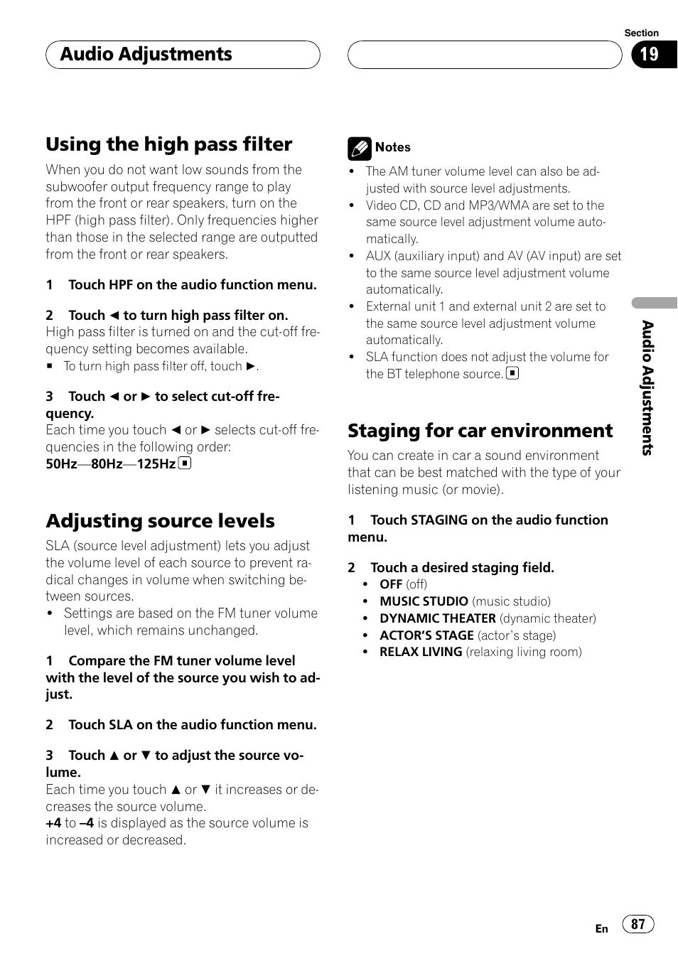 Using the high pass filter, Adjusting source levels, Staging for car environment | Audio adjustments | Pioneer AVH-P6800DVD User Manual | Page 87 / 133