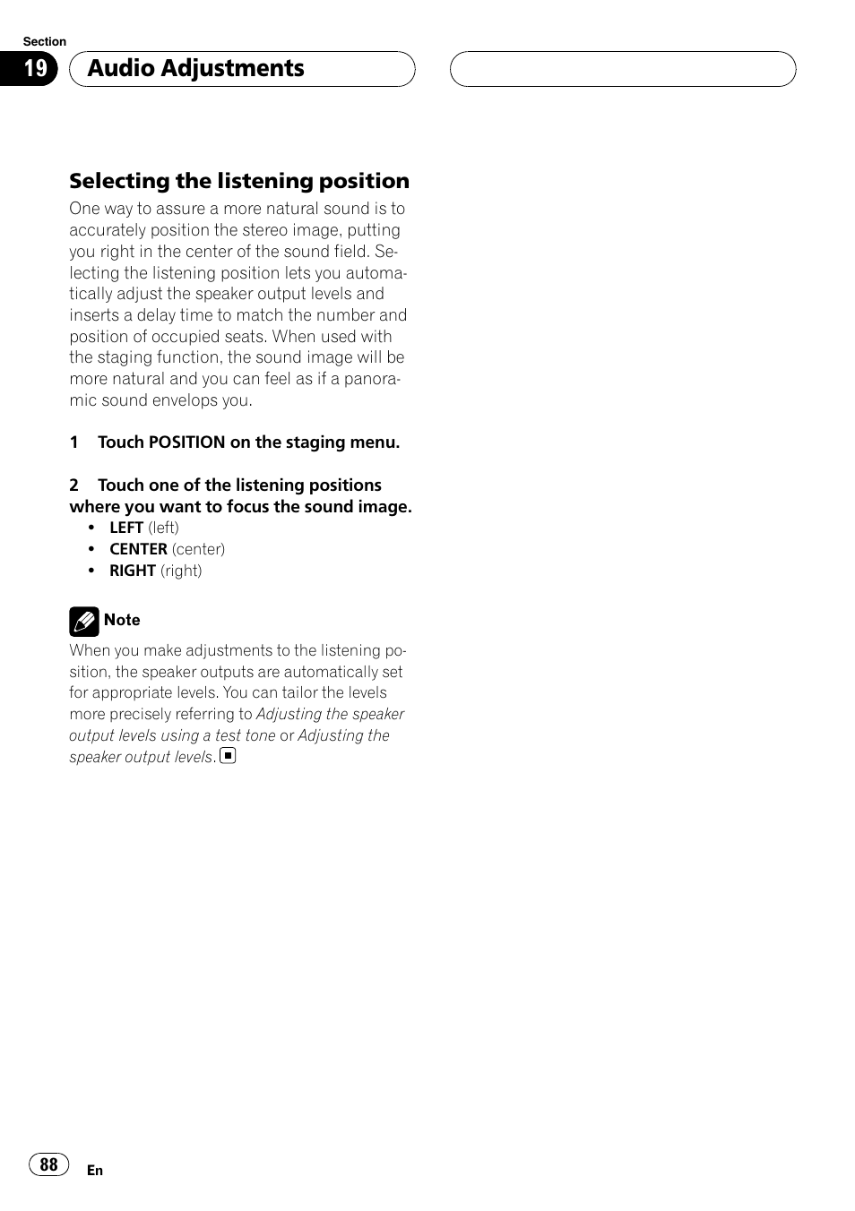 Audio adjustments, Selecting the listening position | Pioneer AVH-P6800DVD User Manual | Page 88 / 133