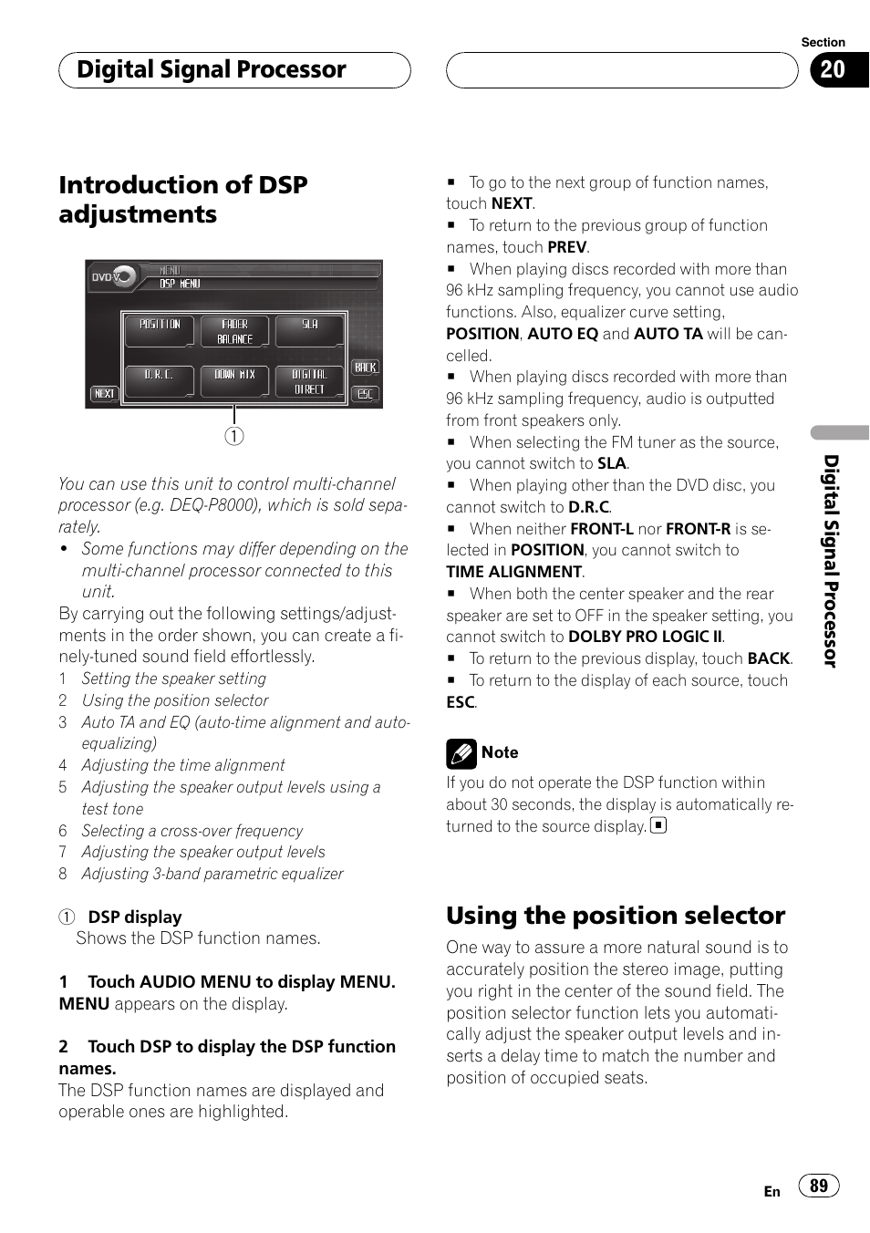 Using the position selector, Introduction of dsp adjustments, Digital signal processor | Pioneer AVH-P6800DVD User Manual | Page 89 / 133