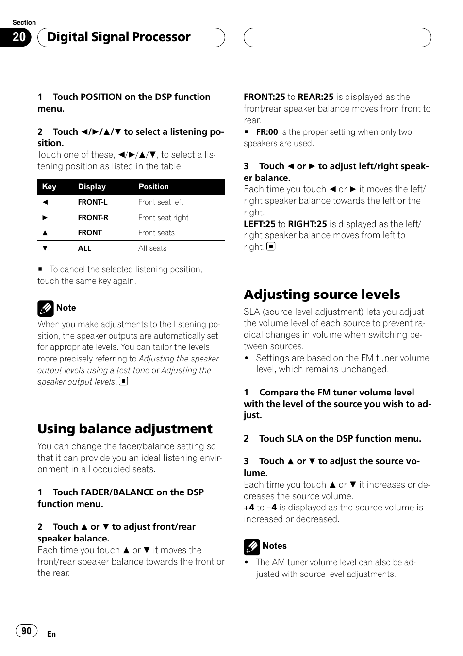 Using balance adjustment, Adjusting source levels, Digital signal processor | Pioneer AVH-P6800DVD User Manual | Page 90 / 133