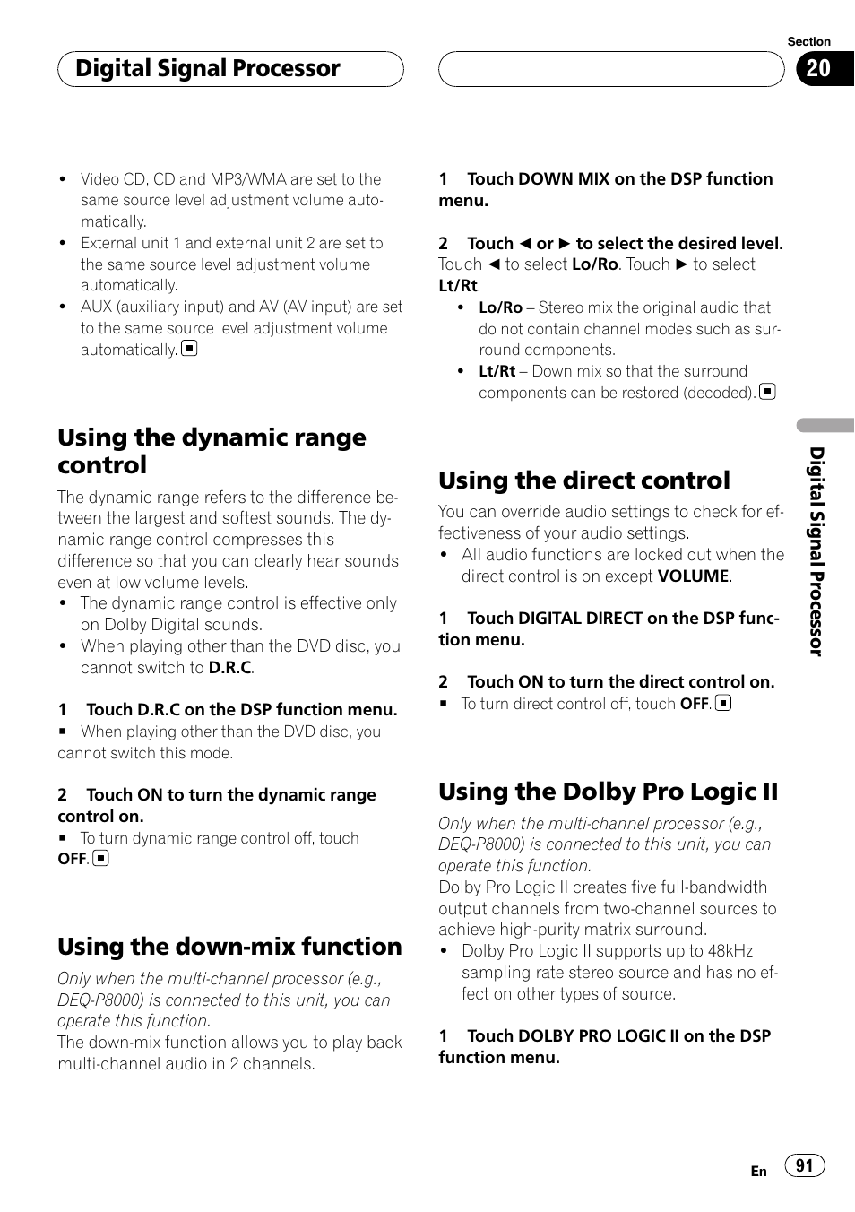 Using the dynamic range control, Using the down-mix function, Using the direct control | Using the dolby pro logic ii, Digital signal processor | Pioneer AVH-P6800DVD User Manual | Page 91 / 133