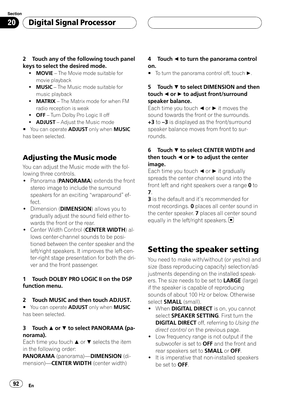 Setting the speaker setting, Digital signal processor, Adjusting the music mode | Pioneer AVH-P6800DVD User Manual | Page 92 / 133