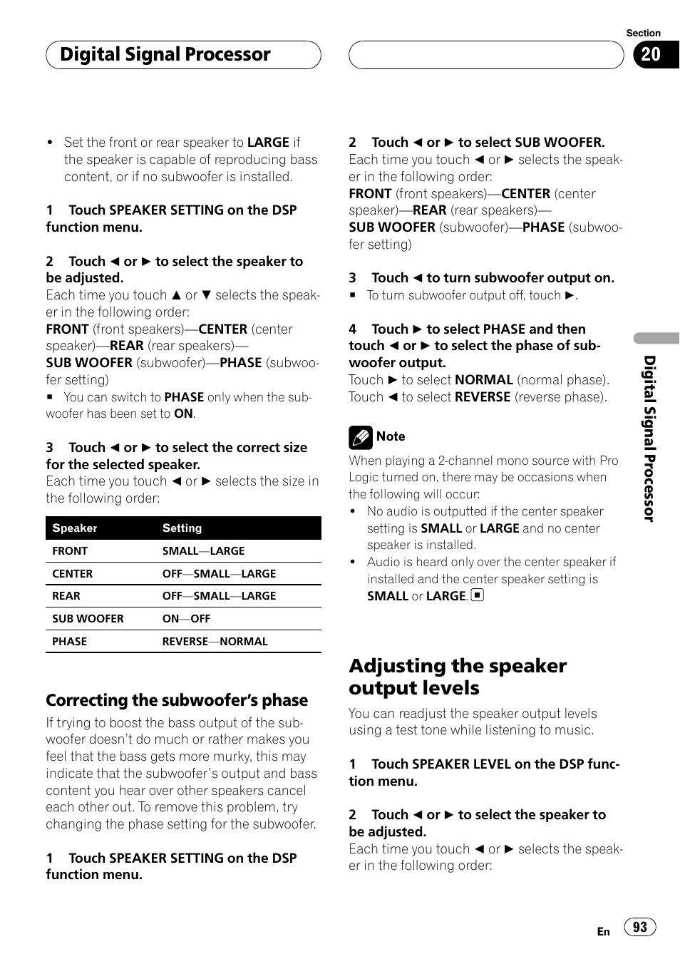 Adjusting the speaker output levels, Digital signal processor, Correcting the subwoofer ’s phase | Pioneer AVH-P6800DVD User Manual | Page 93 / 133