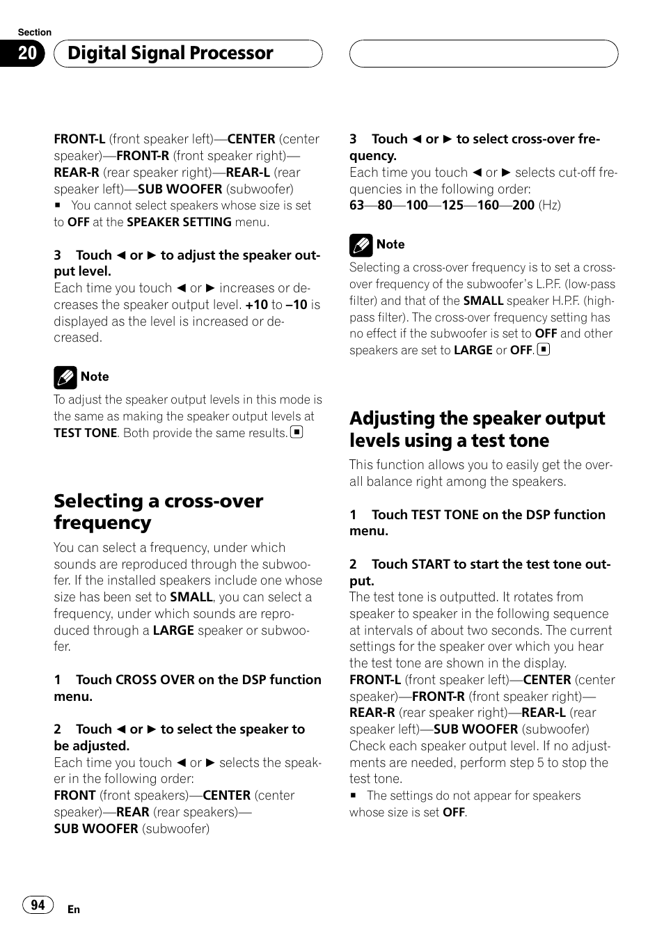 Selecting a cross-over frequency, Adjusting the speaker output levels using a, Test tone | Digital signal processor | Pioneer AVH-P6800DVD User Manual | Page 94 / 133