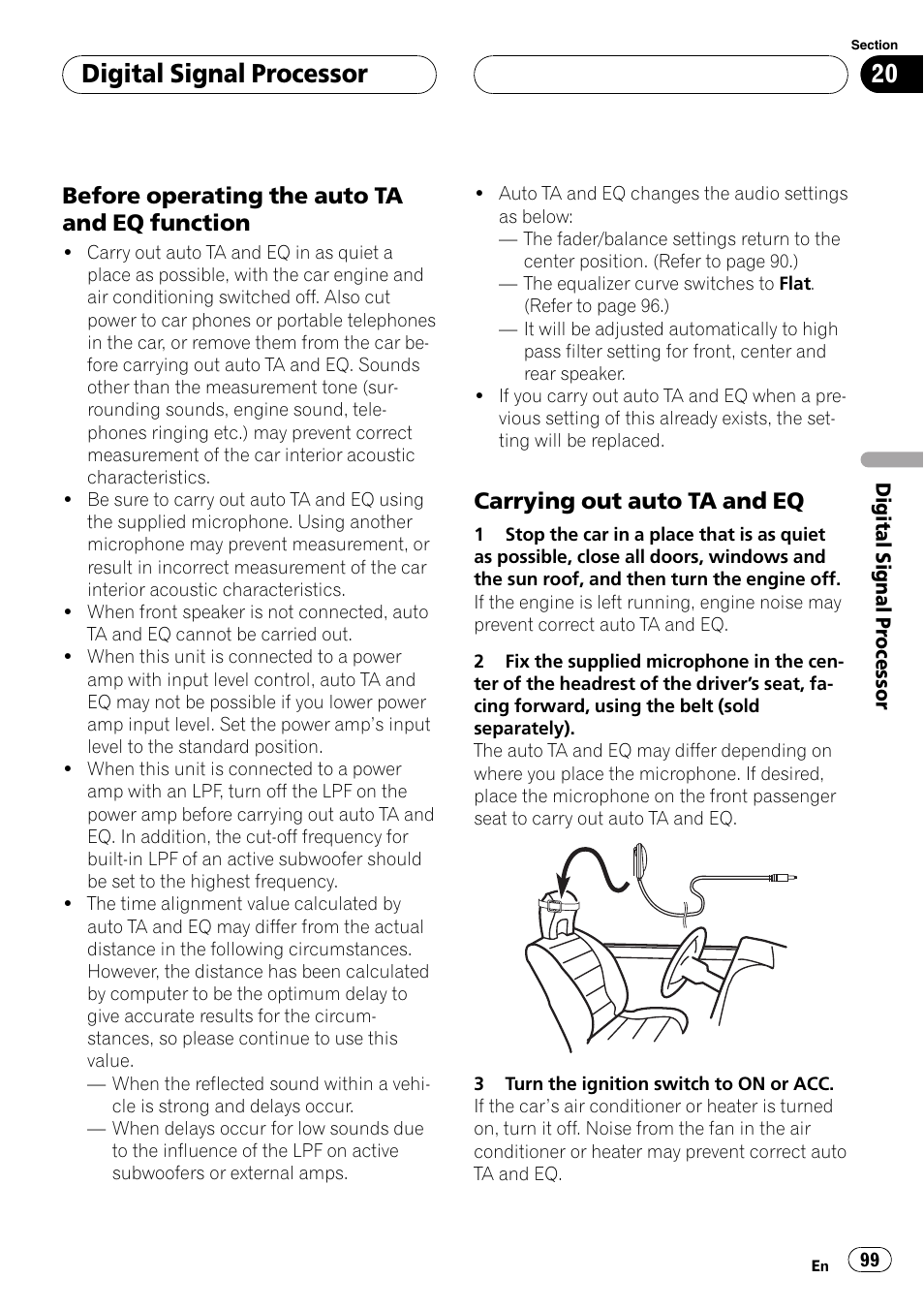 Digital signal processor, Before operating the auto ta and eq function, Carrying out auto ta and eq | Pioneer AVH-P6800DVD User Manual | Page 99 / 133