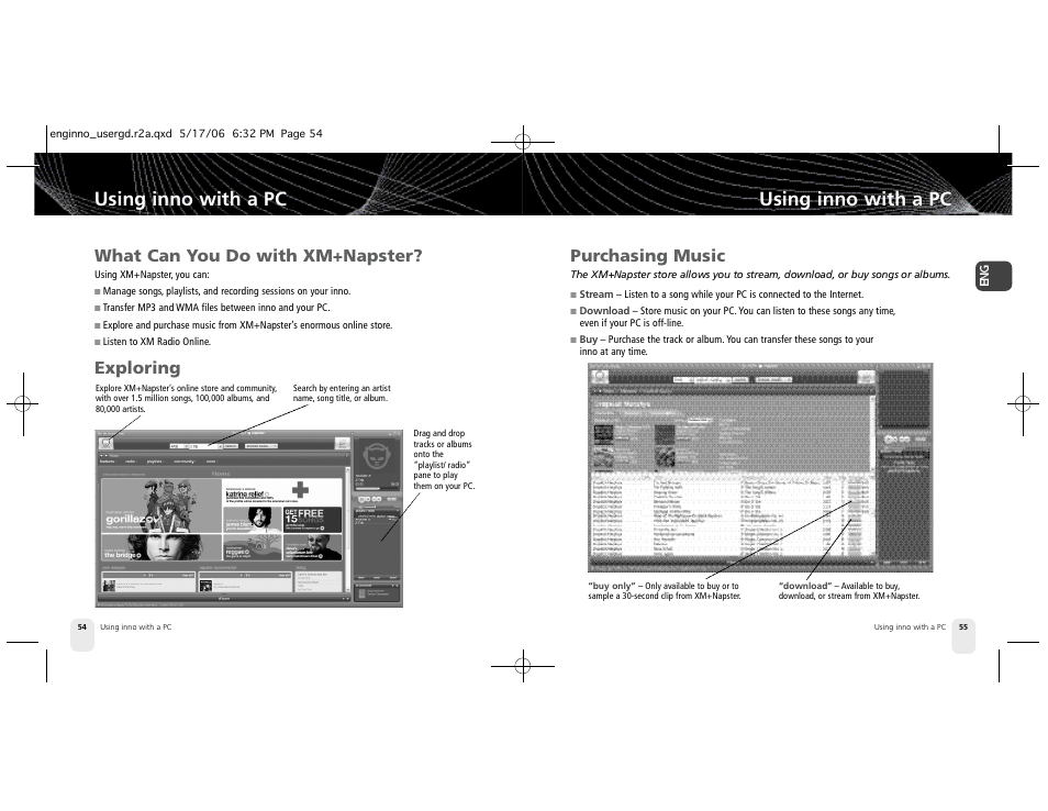 Using inno with a pc, Purchasing music, What can you do with xm+napster | Exploring | Pioneer Inno2BK GEX-INN02B User Manual | Page 28 / 47