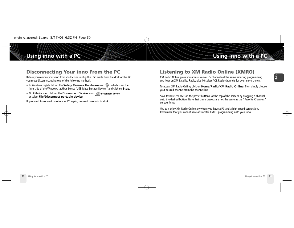 Using inno with a pc, Listening to xm radio online (xmro), Disconnecting your inno from the pc | Pioneer Inno2BK GEX-INN02B User Manual | Page 31 / 47