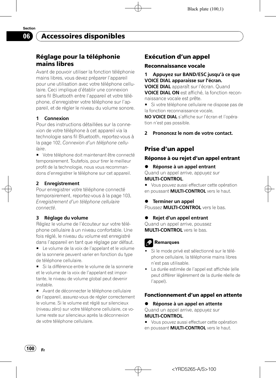 Réglage pour la téléphonie mains, Libres, Exécution d’un appel 100 | Prise d’un appel 100, Accessoires disponibles, Réglage pour la téléphonie mains libres, Exécution d ’un appel, Prise d ’un appel | Pioneer DEH P4100UB User Manual | Page 100 / 187