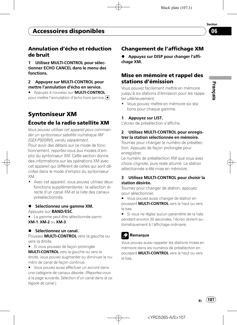 Annulation d’écho et réduction de, Bruit, Syntoniseur xm | Écoute de la radio satellite xm 107, Changement de l’affichage xm 107, Mise en mémoire et rappel des stations, Émission 107, Accessoires disponibles, Annulation d ’écho et réduction de bruit, Écoute de la radio satellite xm | Pioneer DEH P4100UB User Manual | Page 107 / 187