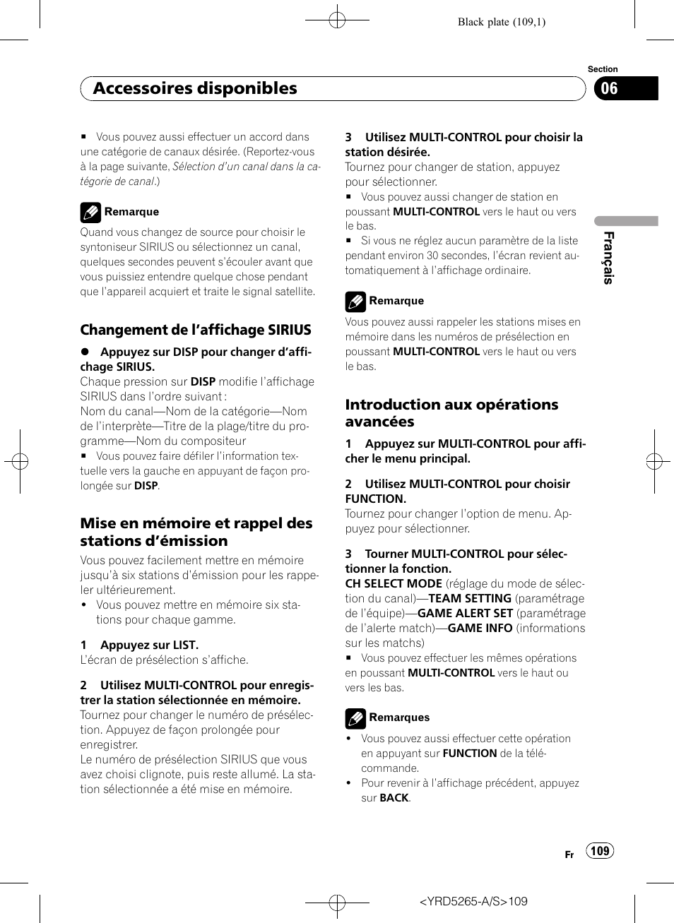 Changement de l’affichage, Sirius, Mise en mémoire et rappel des stations | Émission 109, Introduction aux opérations, Avancées, Accessoires disponibles, Changement de l ’affichage sirius, Mise en mémoire et rappel des stations d ’émission, Introduction aux opérations avancées | Pioneer DEH P4100UB User Manual | Page 109 / 187