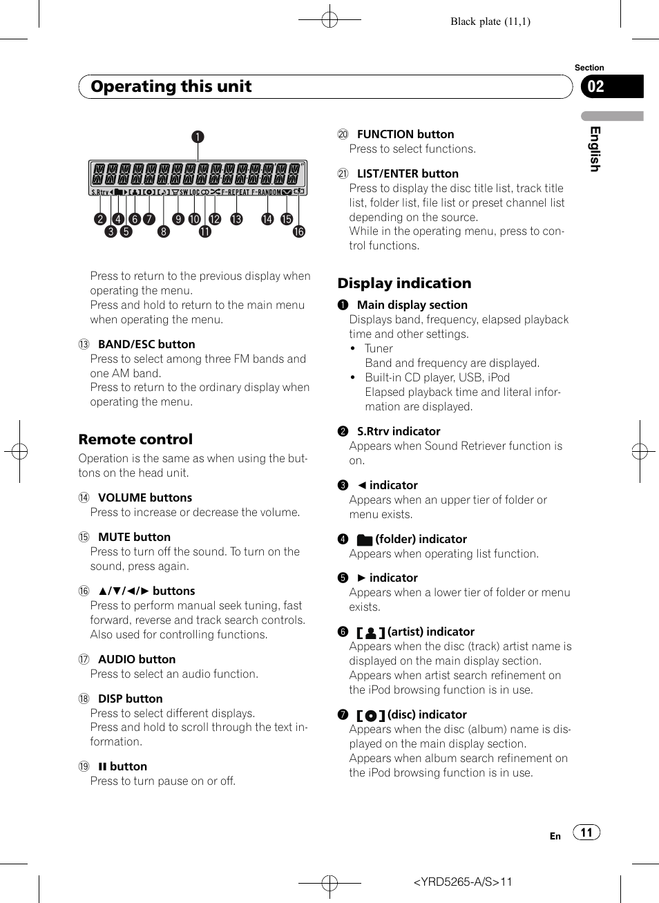 Remote control 11, Display indication 11, Operating this unit | Remote control, Display indication | Pioneer DEH P4100UB User Manual | Page 11 / 187