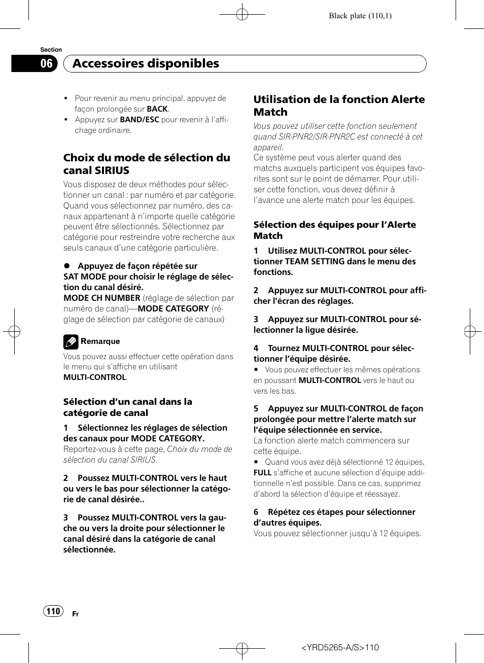 Choix du mode de sélection du canal, Sirius, Utilisation de la fonction alerte | Match, Accessoires disponibles, Choix du mode de sélection du canal sirius, Utilisation de la fonction alerte match | Pioneer DEH P4100UB User Manual | Page 110 / 187