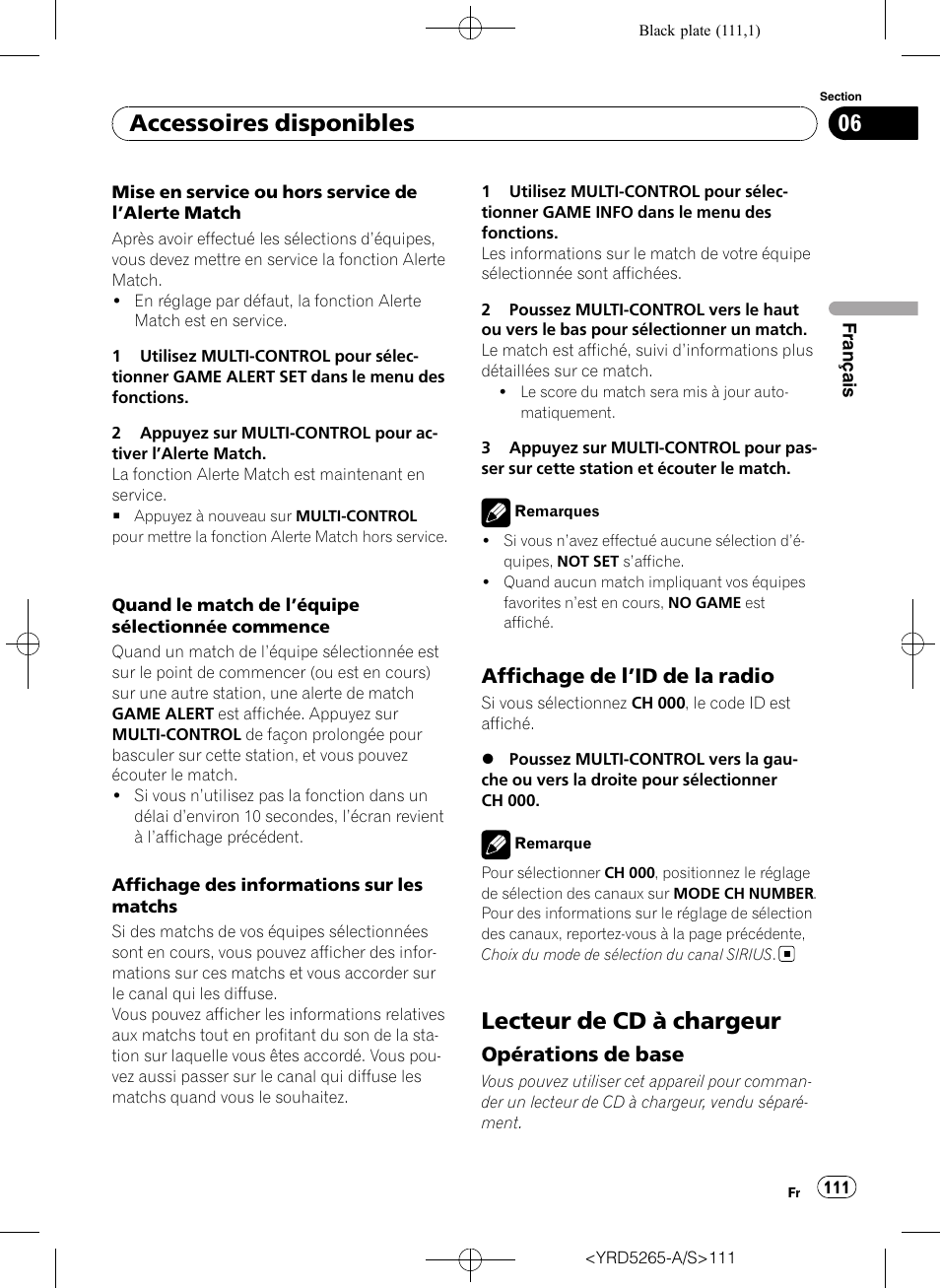 Affichage de l’id de la radio 111, Lecteur de cd à chargeur, Opérations de base 111 | Accessoires disponibles, Affichage de l ’id de la radio, Opérations de base | Pioneer DEH P4100UB User Manual | Page 111 / 187