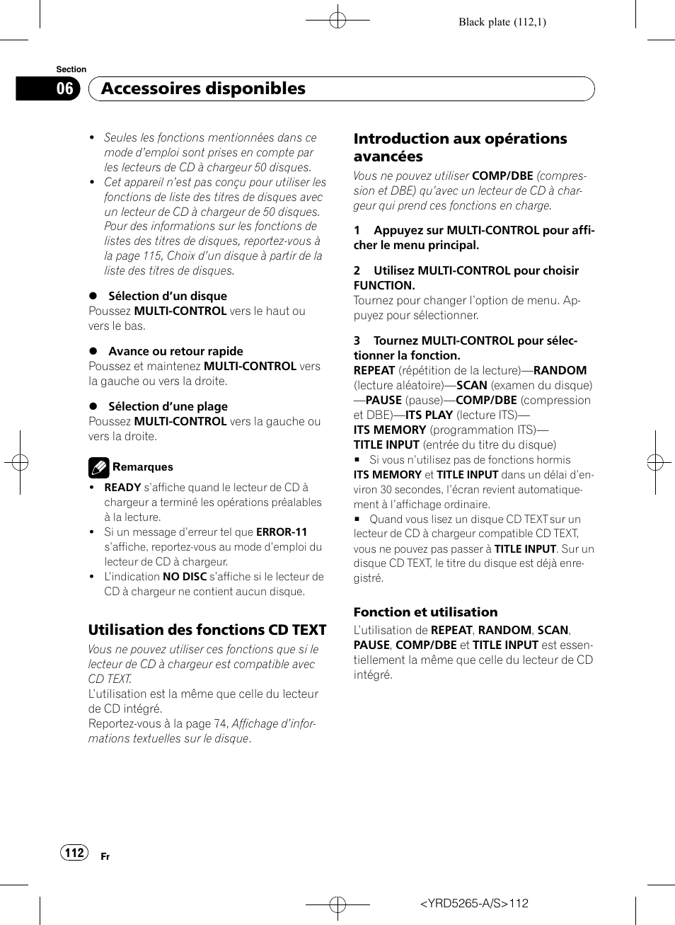 Utilisation des fonctions cd text 112, Introduction aux opérations, Avancées | Accessoires disponibles, Utilisation des fonctions cd text, Introduction aux opérations avancées | Pioneer DEH P4100UB User Manual | Page 112 / 187