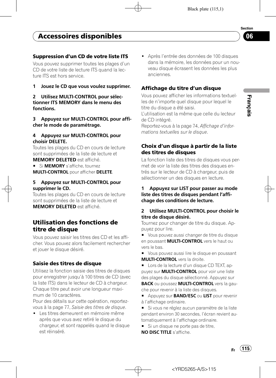 Utilisation des fonctions de titre de, Disque, Un disque à partir de la | Liste des titres de disques, Accessoires disponibles, Utilisation des fonctions de titre de disque | Pioneer DEH P4100UB User Manual | Page 115 / 187