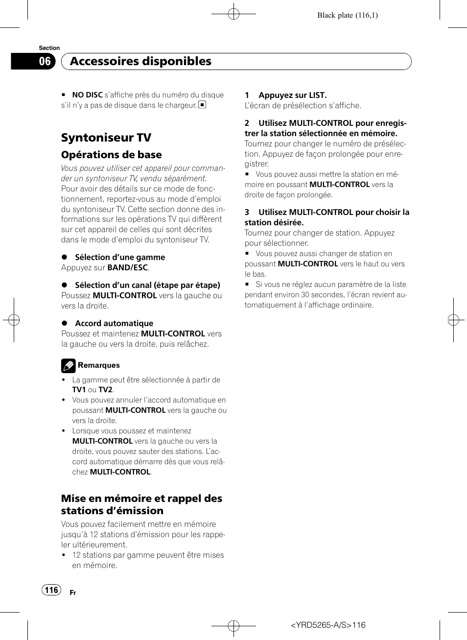 Syntoniseur tv, Opérations de base 116, Mise en mémoire et rappel des stations | Émission 116, Accessoires disponibles, Opérations de base, Mise en mémoire et rappel des stations d ’émission | Pioneer DEH P4100UB User Manual | Page 116 / 187