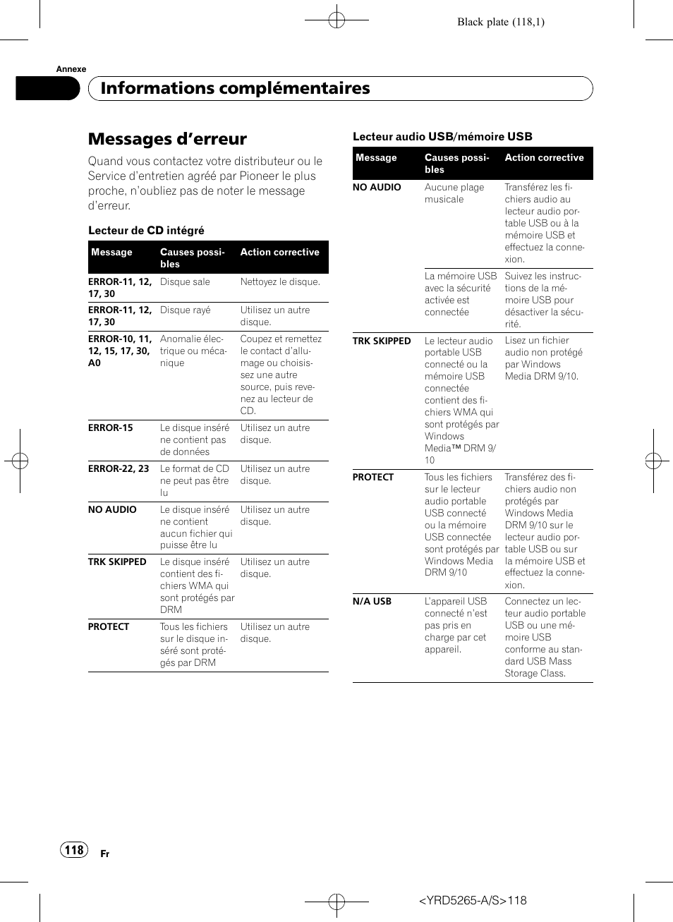 Informations complémentaires messages d, Erreur 118, Ges d | Erreur, Messages d ’erreur, Informations complémentaires | Pioneer DEH P4100UB User Manual | Page 118 / 187