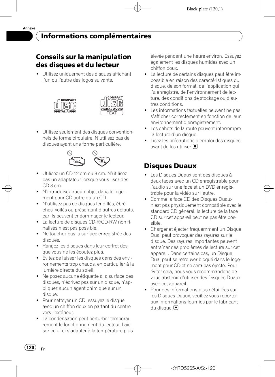 Conseils sur la manipulation des disques et, Du lecteur, Disques duaux | Informations complémentaires | Pioneer DEH P4100UB User Manual | Page 120 / 187