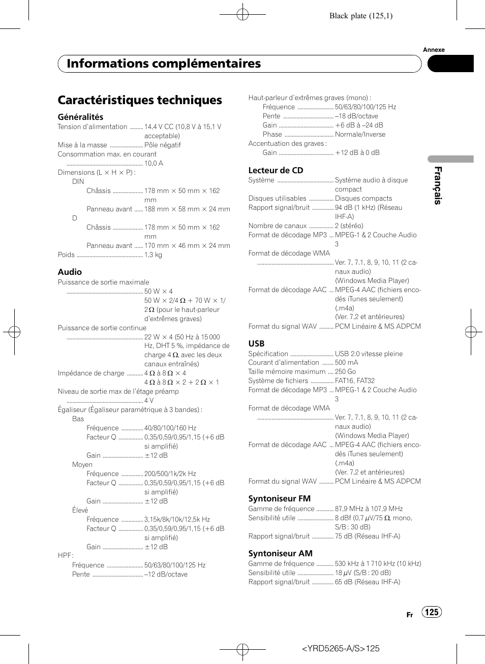 Caractéristiques techniques, Informations complémentaires, Français | Pioneer DEH P4100UB User Manual | Page 125 / 187