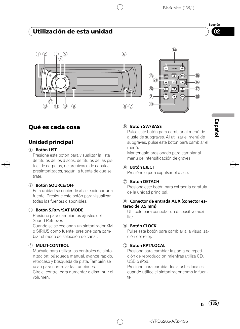 Utilización de esta unidad qué es cada cosa, Unidad principal 135, Qué es cada cosa | Utilización de esta unidad | Pioneer DEH P4100UB User Manual | Page 135 / 187