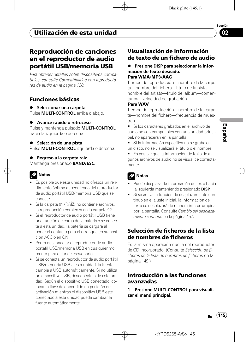 Reproducción de canciones en el, Reproductor de audio portátil usb/ memoria usb, Funciones básicas 145 | Visualización de información de texto, De un fichero de audio, Selección de ficheros de la lista de, Nombres de ficheros, Introducción a las funciones, Avanzadas, Utilización de esta unidad | Pioneer DEH P4100UB User Manual | Page 145 / 187