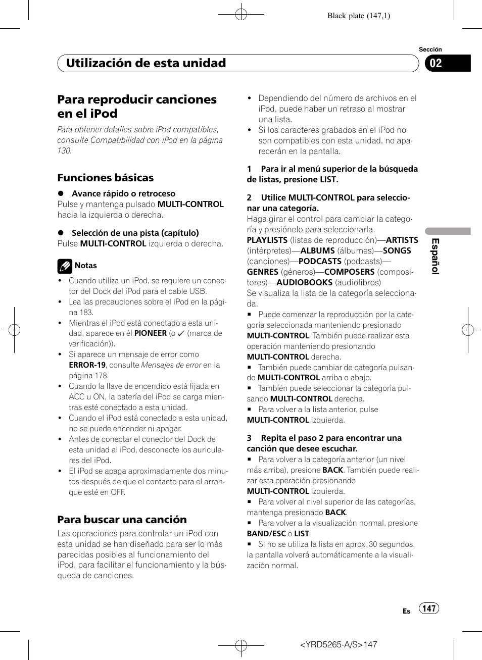 Para reproducir canciones en el ipod, Funciones básicas 147, Para buscar una canción 147 | Utilización de esta unidad, Funciones básicas, Para buscar una canción | Pioneer DEH P4100UB User Manual | Page 147 / 187