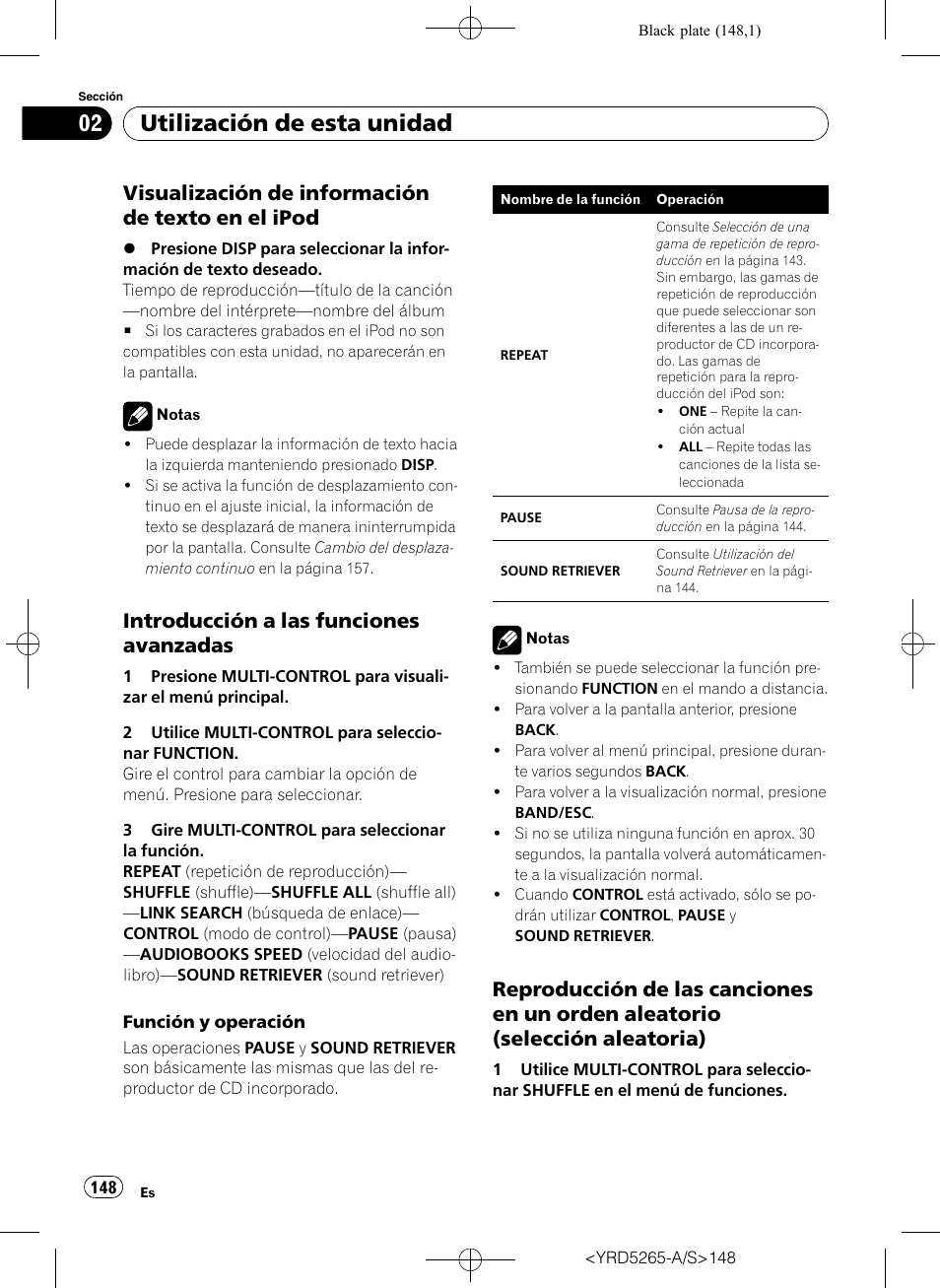 Visualización de información de texto, En el ipod, Introducción a las funciones | Avanzadas, Reproducción de las canciones en un, Orden aleatorio (selección aleatoria), Utilización de esta unidad, Visualización de información de texto en el ipod, Introducción a las funciones avanzadas | Pioneer DEH P4100UB User Manual | Page 148 / 187