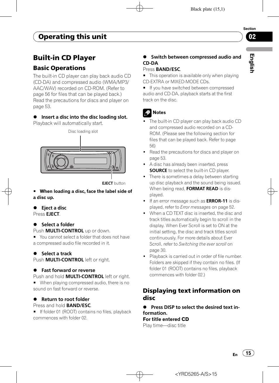 Built-in cd player, Basic operations 15, Displaying text information on disc 15 | Operating this unit, Basic operations, Displaying text information on disc | Pioneer DEH P4100UB User Manual | Page 15 / 187