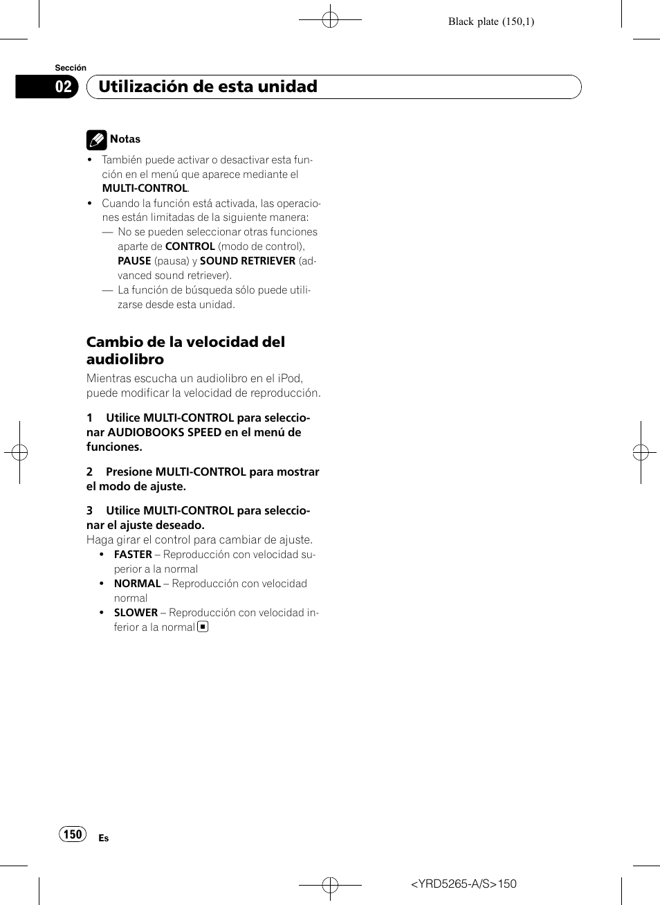 Cambio de la velocidad del, Audiolibro, Utilización de esta unidad | Cambio de la velocidad del audiolibro | Pioneer DEH P4100UB User Manual | Page 150 / 187